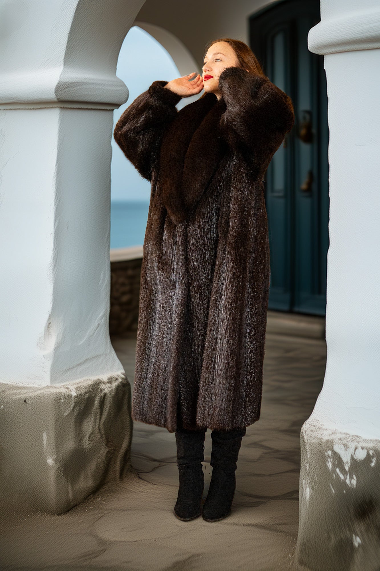 Person wearing a long brown fur coat standing on a stone path with columns.
