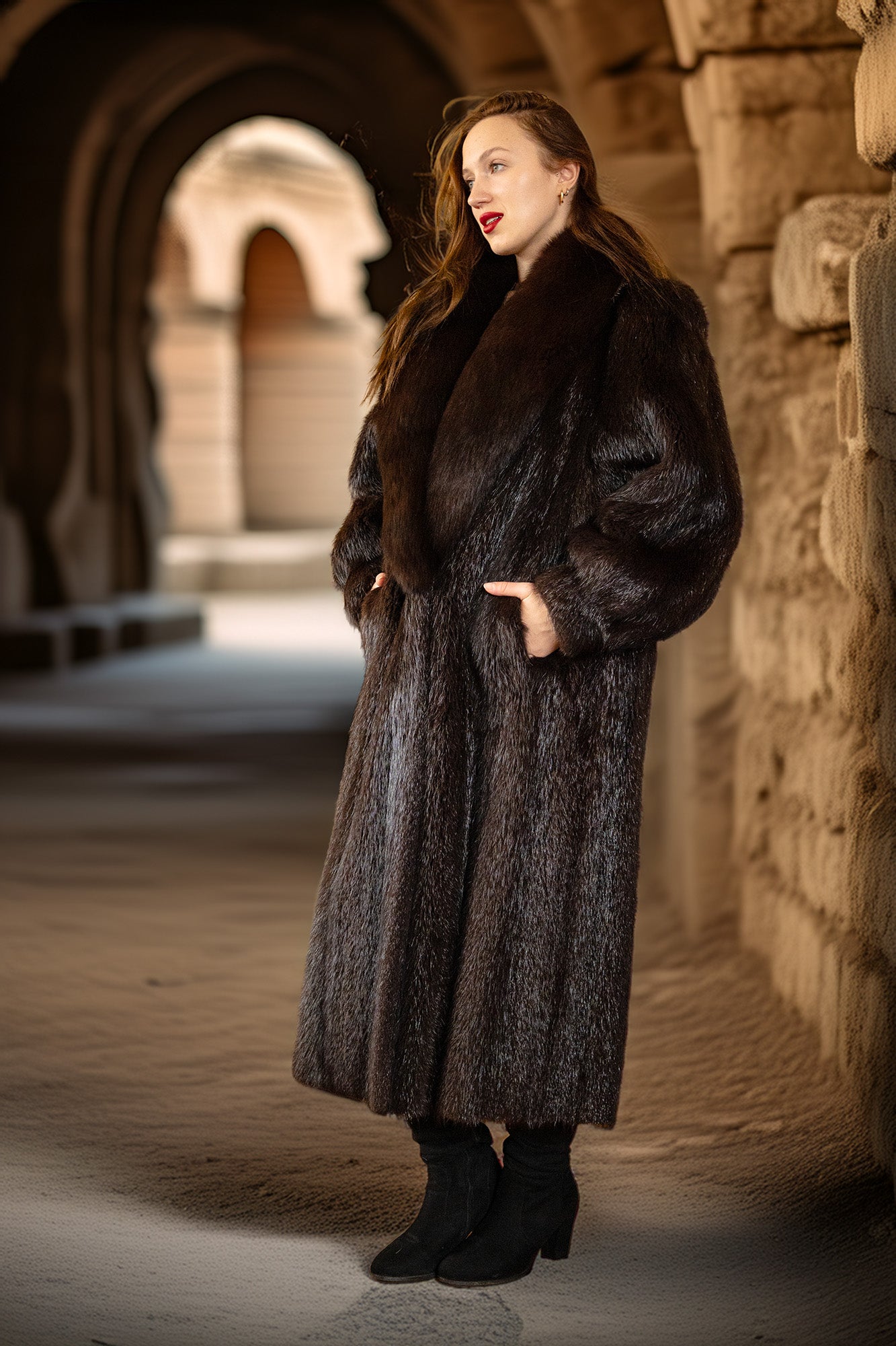 Woman wearing a long dark coat standing in a stone archway.