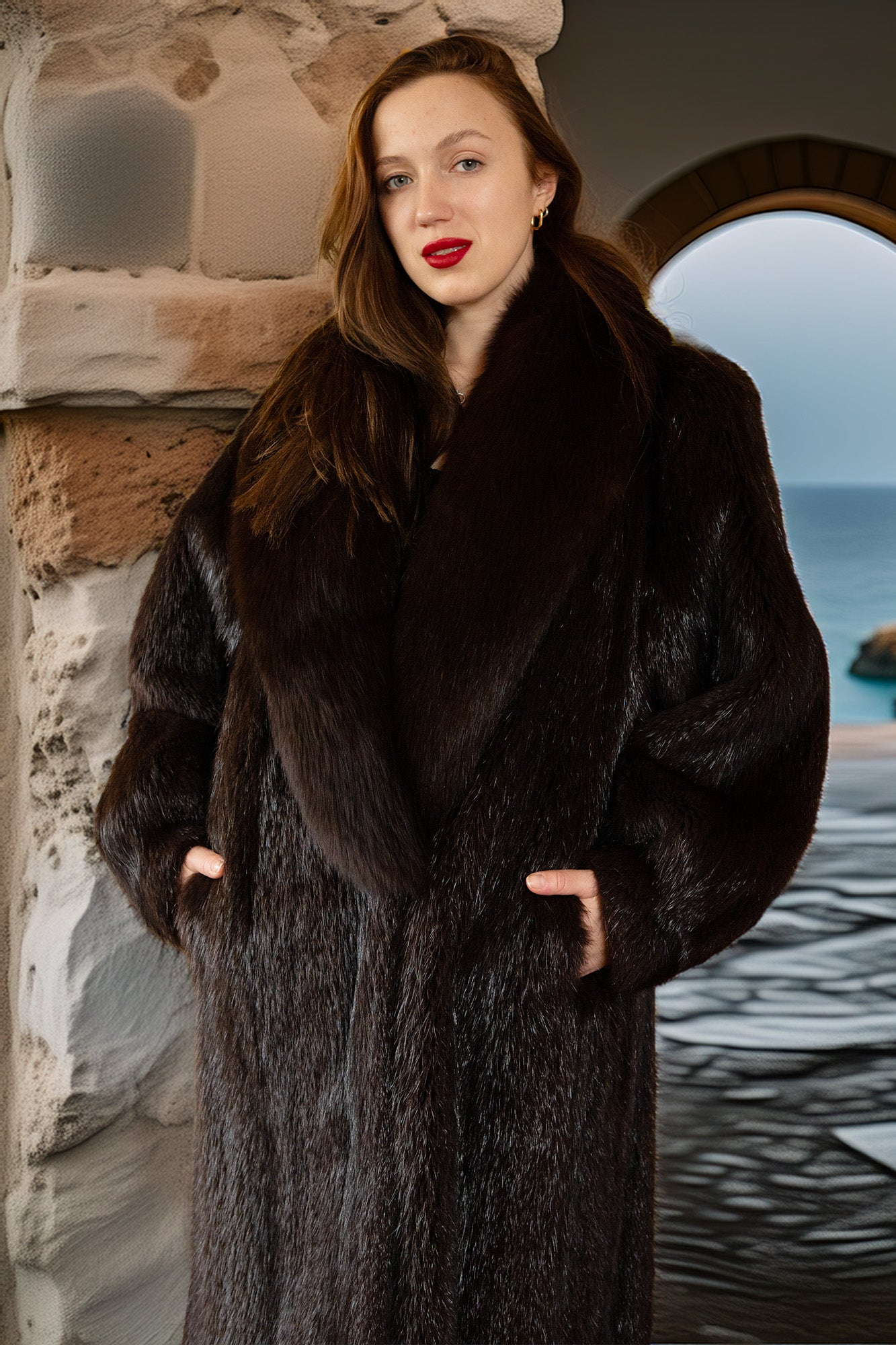 "Espresso Palazzo" — Long Haired Beaver Fur Coat with a Statement Fox Collar