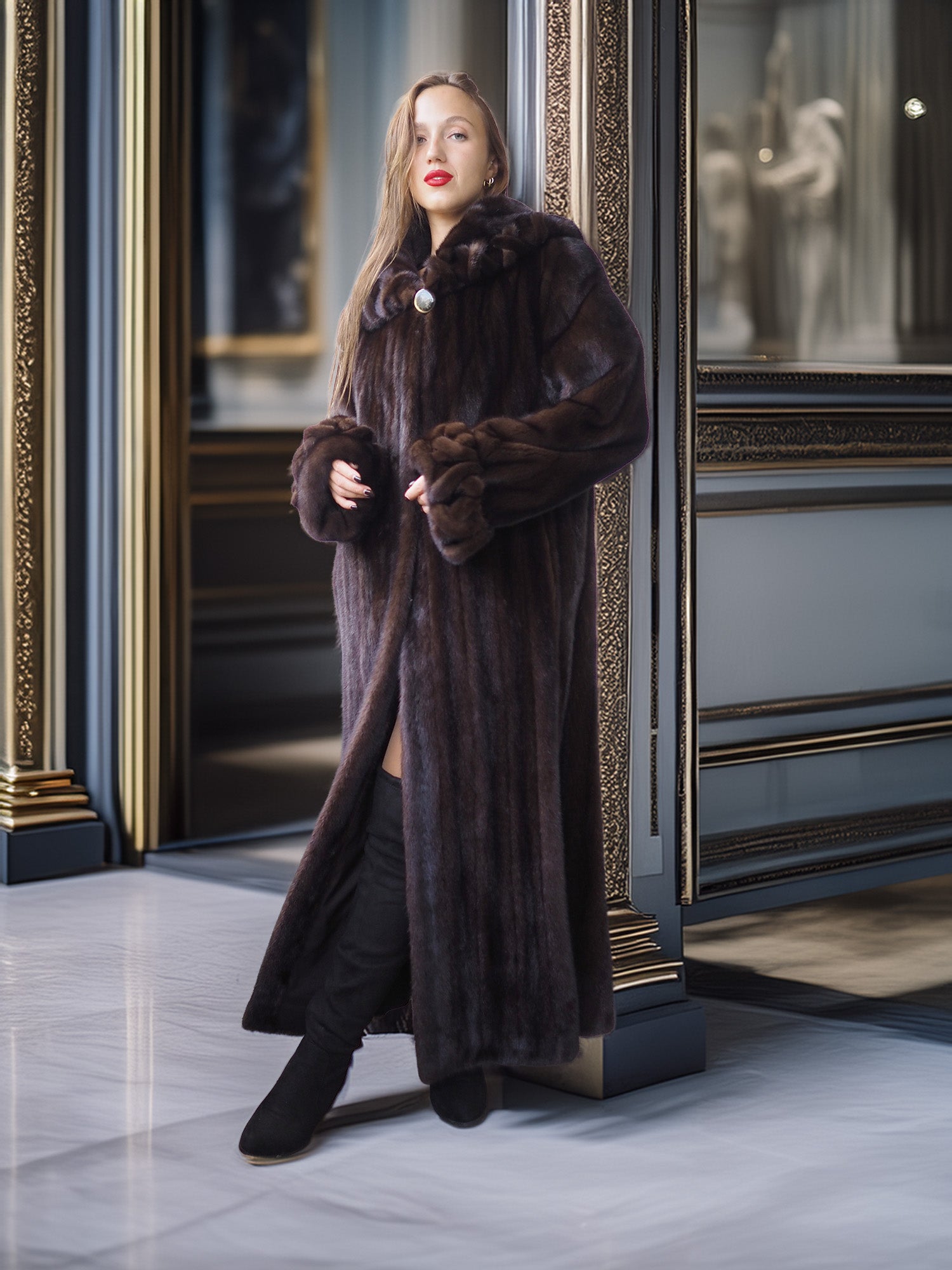 The "Sovereign Veil" – NAFA Gold Mahogany Mink Coat with Side Slits