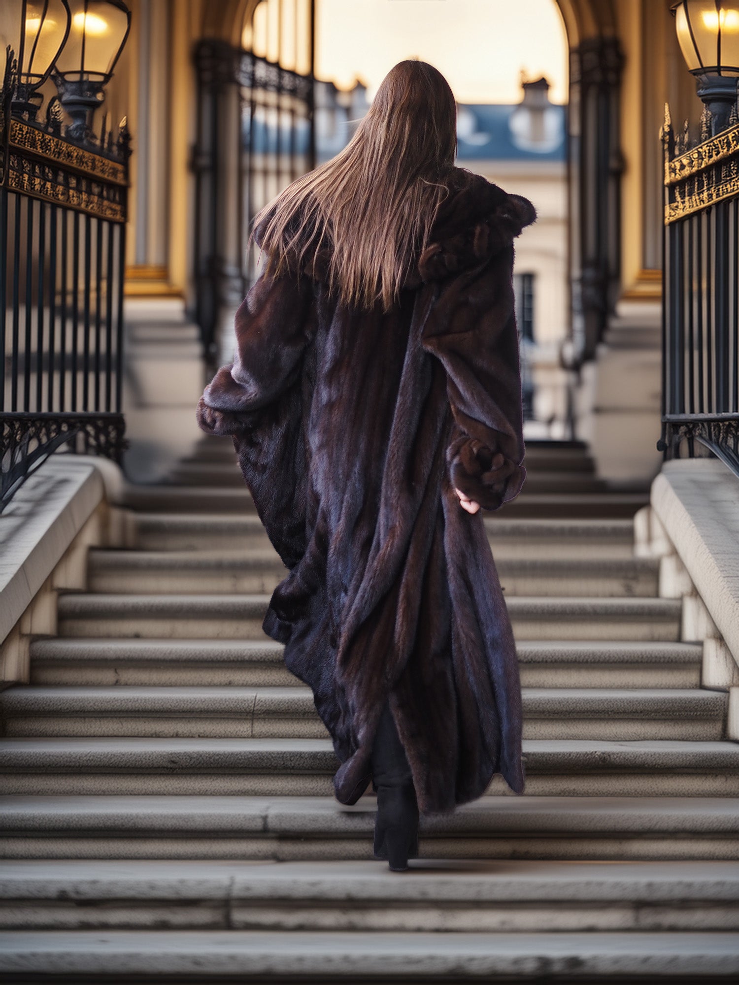 Person in a long coat walking up a set of stairs in an urban setting