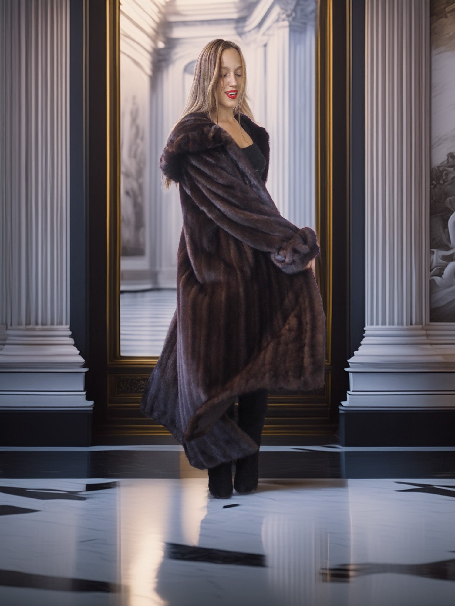 Woman wearing a fur coat in an elegant interior setting