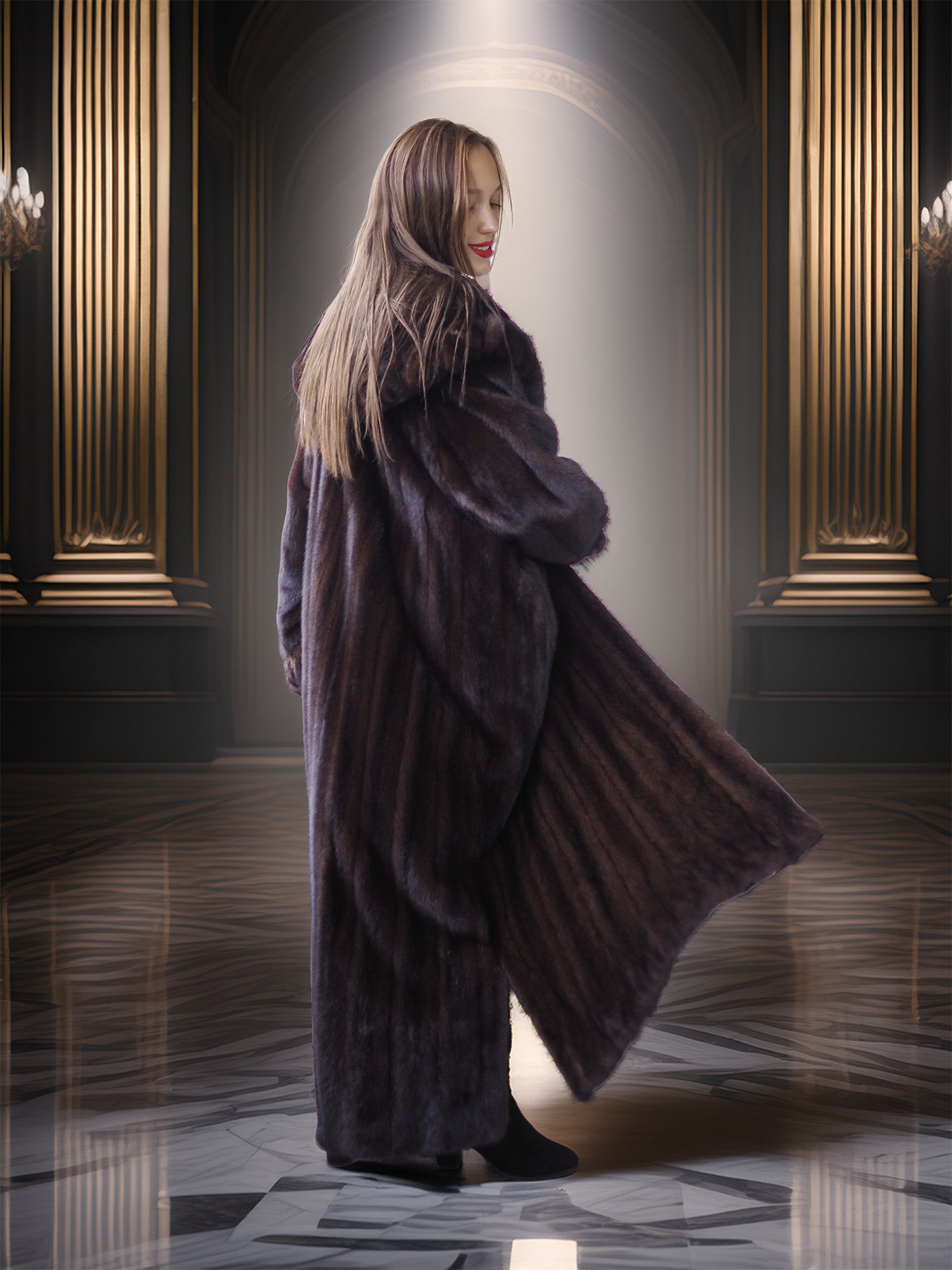 Woman in a long fur coat standing in an elegant room with chandeliers.