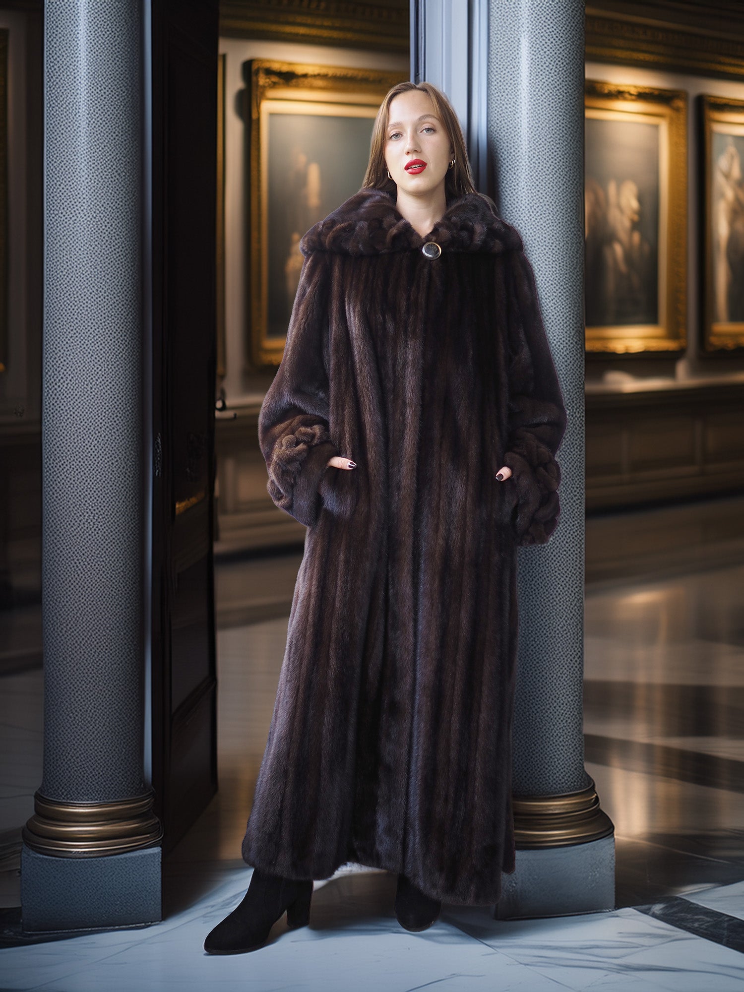 Woman wearing a long dark fur coat standing in an elegant interior setting.