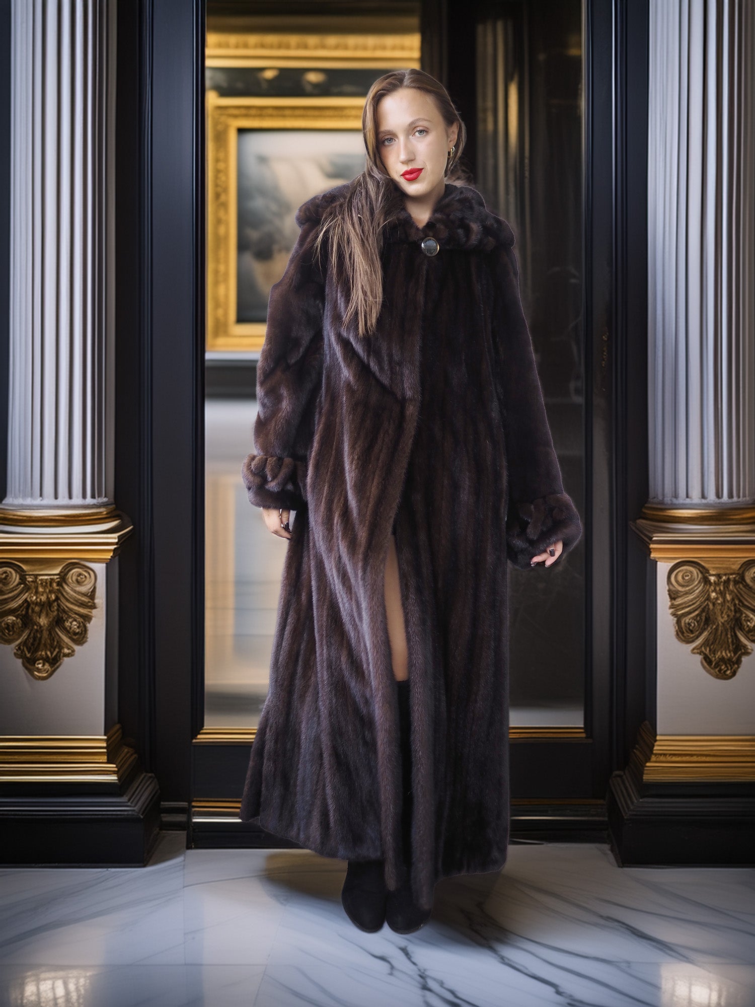 Woman wearing a long fur coat in an elegant interior setting