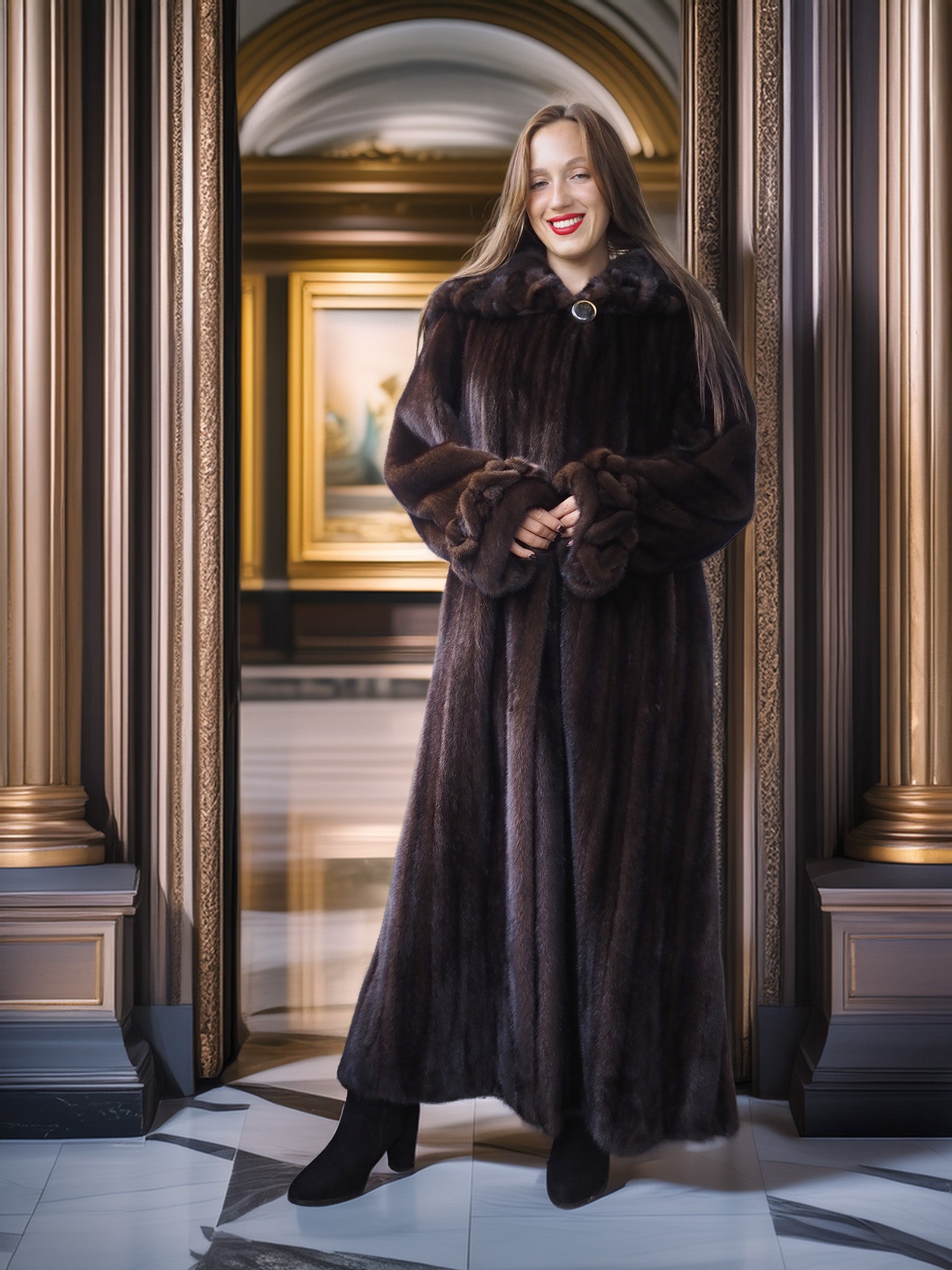 Woman in a long brown fur coat standing in an elegant interior setting.