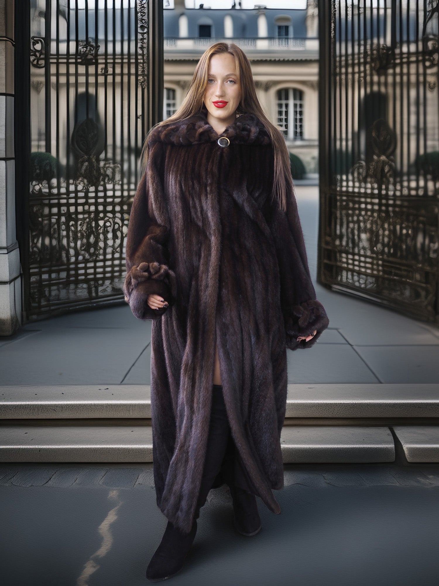 Woman wearing a fur coat standing in front of a large metal gate.