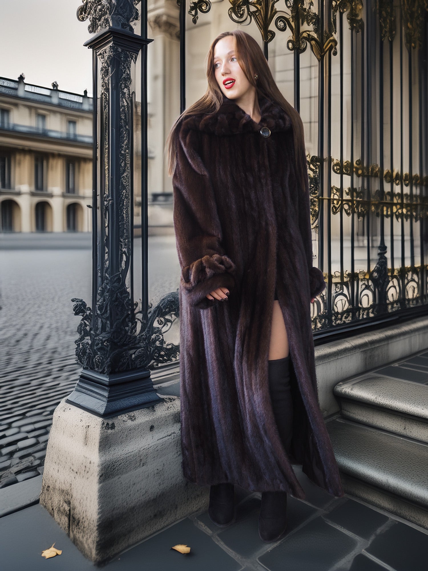 Woman in a long brown fur coat standing in front of ornate metal gates.