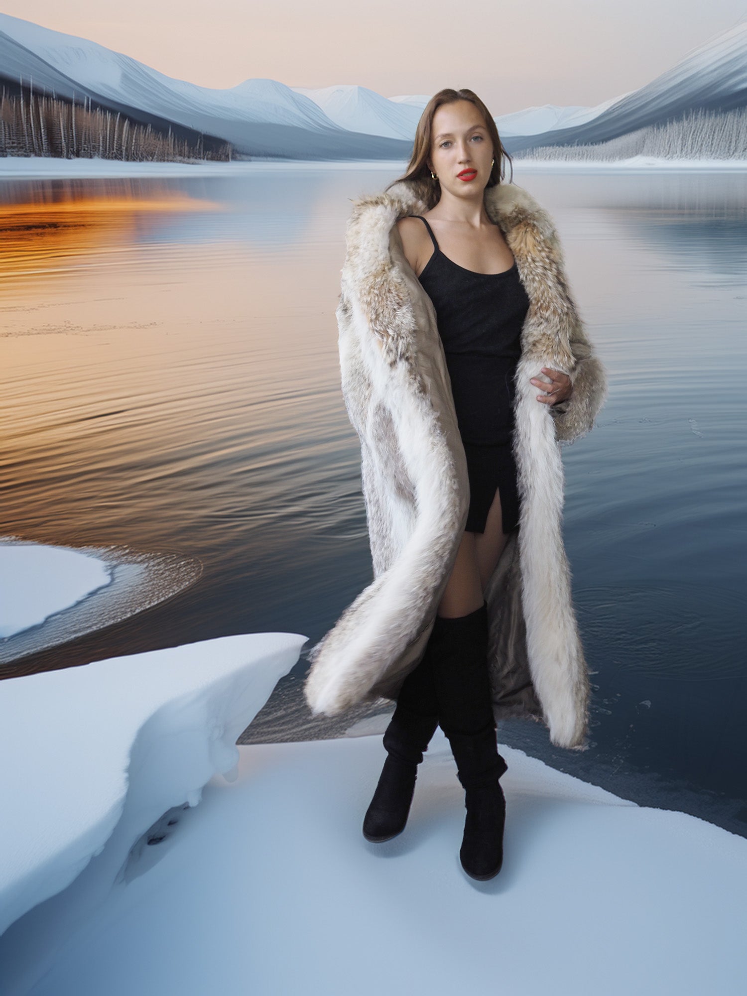 Woman in a long fur coat standing in a snowy landscape with a lake and mountains in the background.