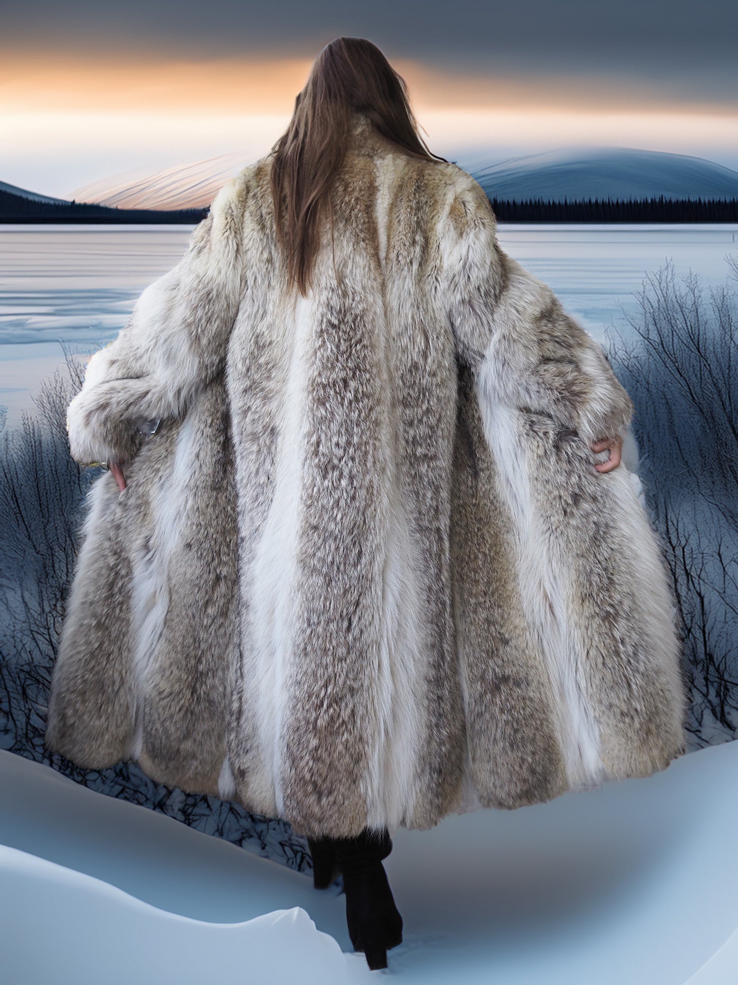 Person wearing a fur coat standing in a snowy landscape with mountains in the background