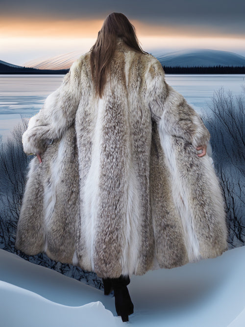 Person wearing a fur coat standing in a snowy landscape with mountains in the background