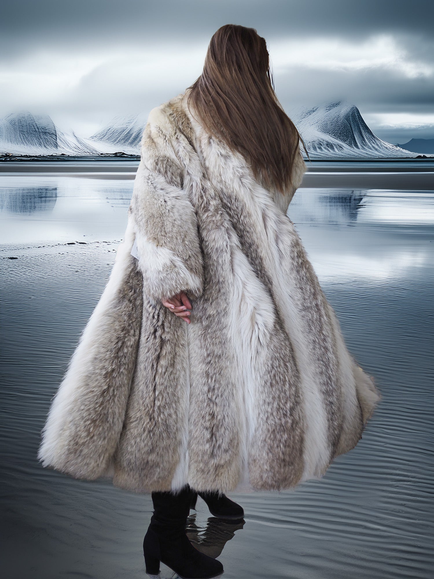 Person wearing a fur coat standing on a snowy landscape with mountains in the background