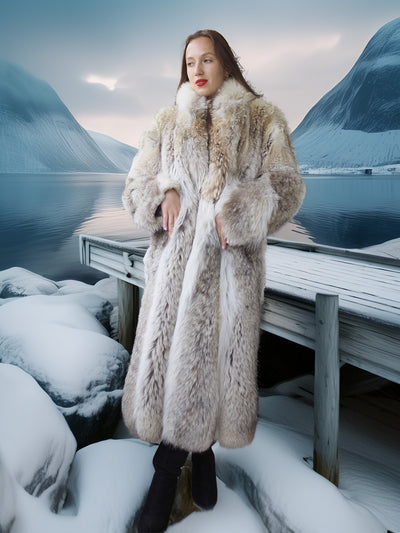 Woman in a fur coat standing on a snowy dock with mountains in the background