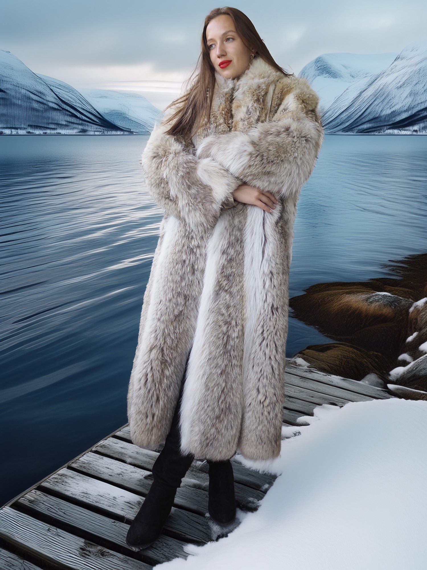 Woman in a fur coat standing on a wooden dock with a snowy landscape and lake in the background