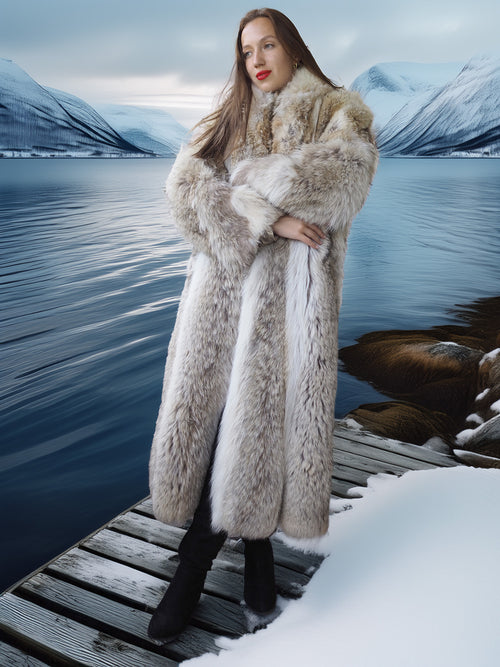 Woman in a fur coat standing on a wooden dock with a snowy landscape and lake in the background