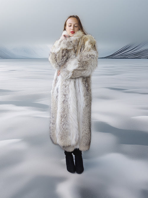 Person wearing a long fur coat in a snowy landscape