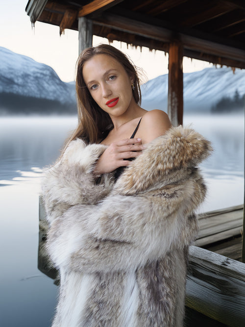Woman in a fur coat standing by a lake with mountains in the background