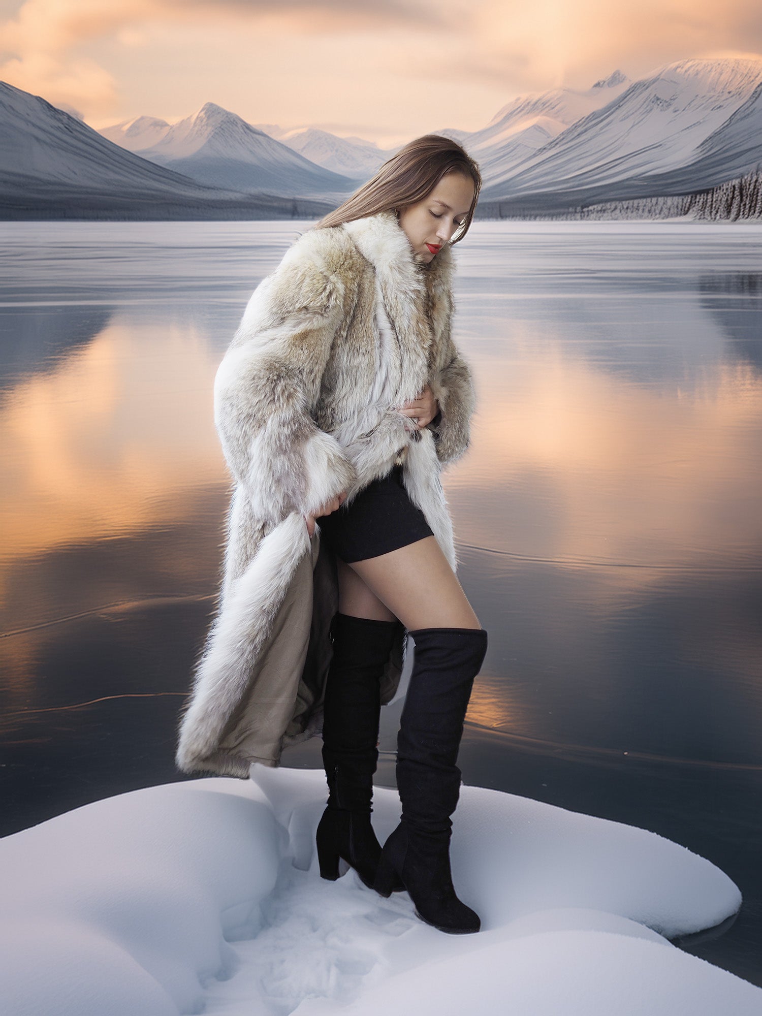 Person in a fur coat and black boots standing in a snowy landscape with mountains in the background