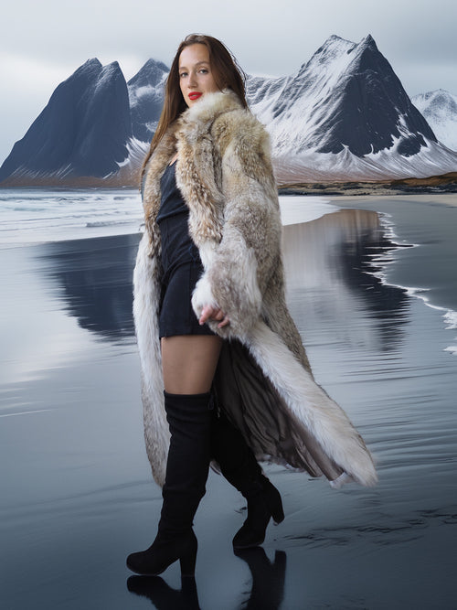 Woman in a fur coat standing in front of a mountainous landscape with water.