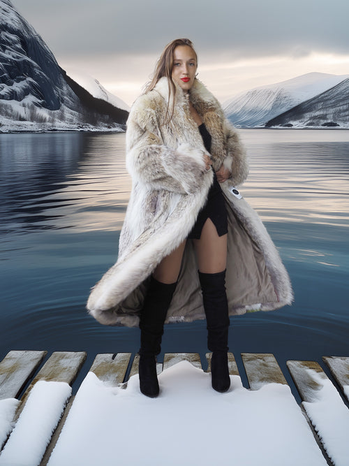 Woman in a fur coat standing on a snowy dock with a mountainous landscape in the background