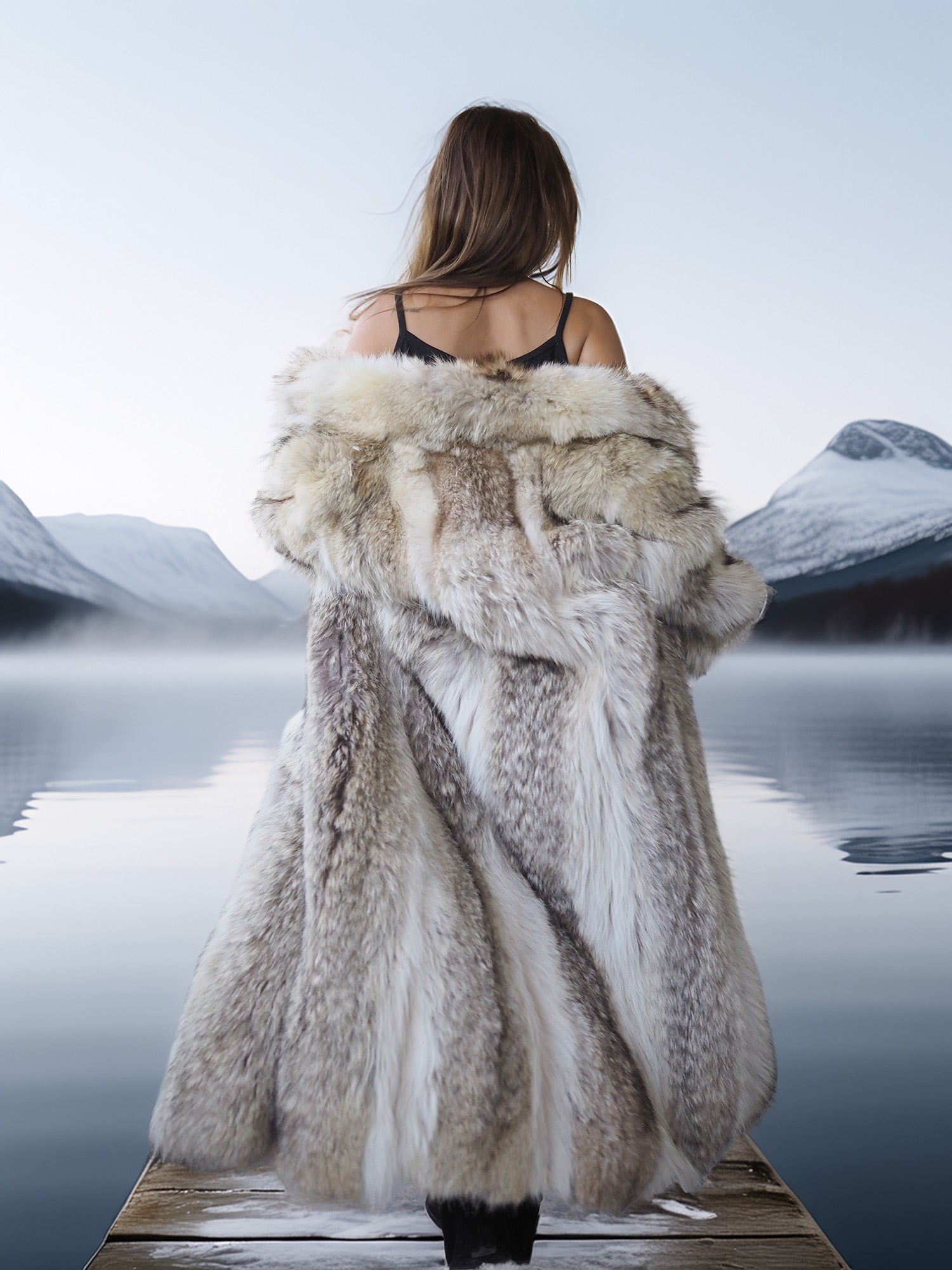 Person wearing a fur coat standing on a dock with a scenic lake and mountains in the background