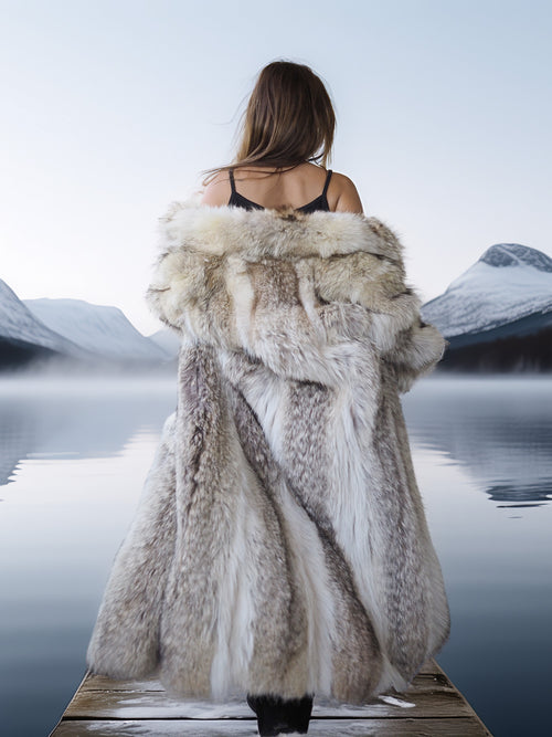 Person wearing a fur coat standing on a dock with a scenic lake and mountains in the background