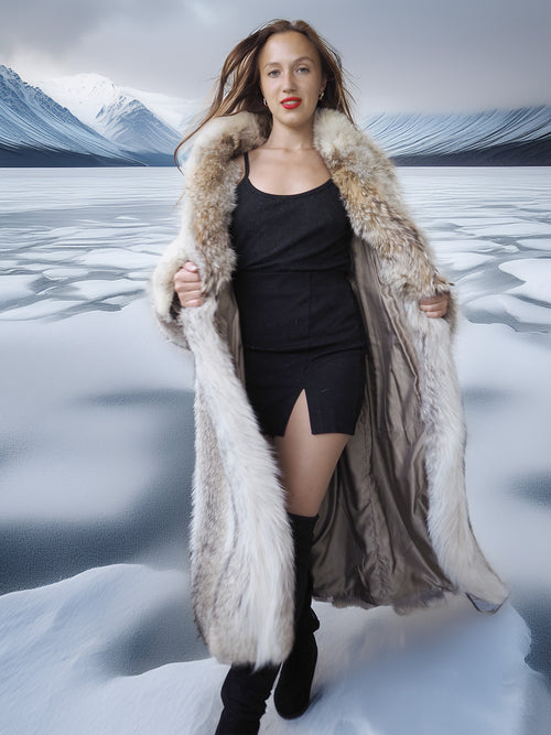 Woman in a fur coat standing on a snowy landscape with mountains in the background