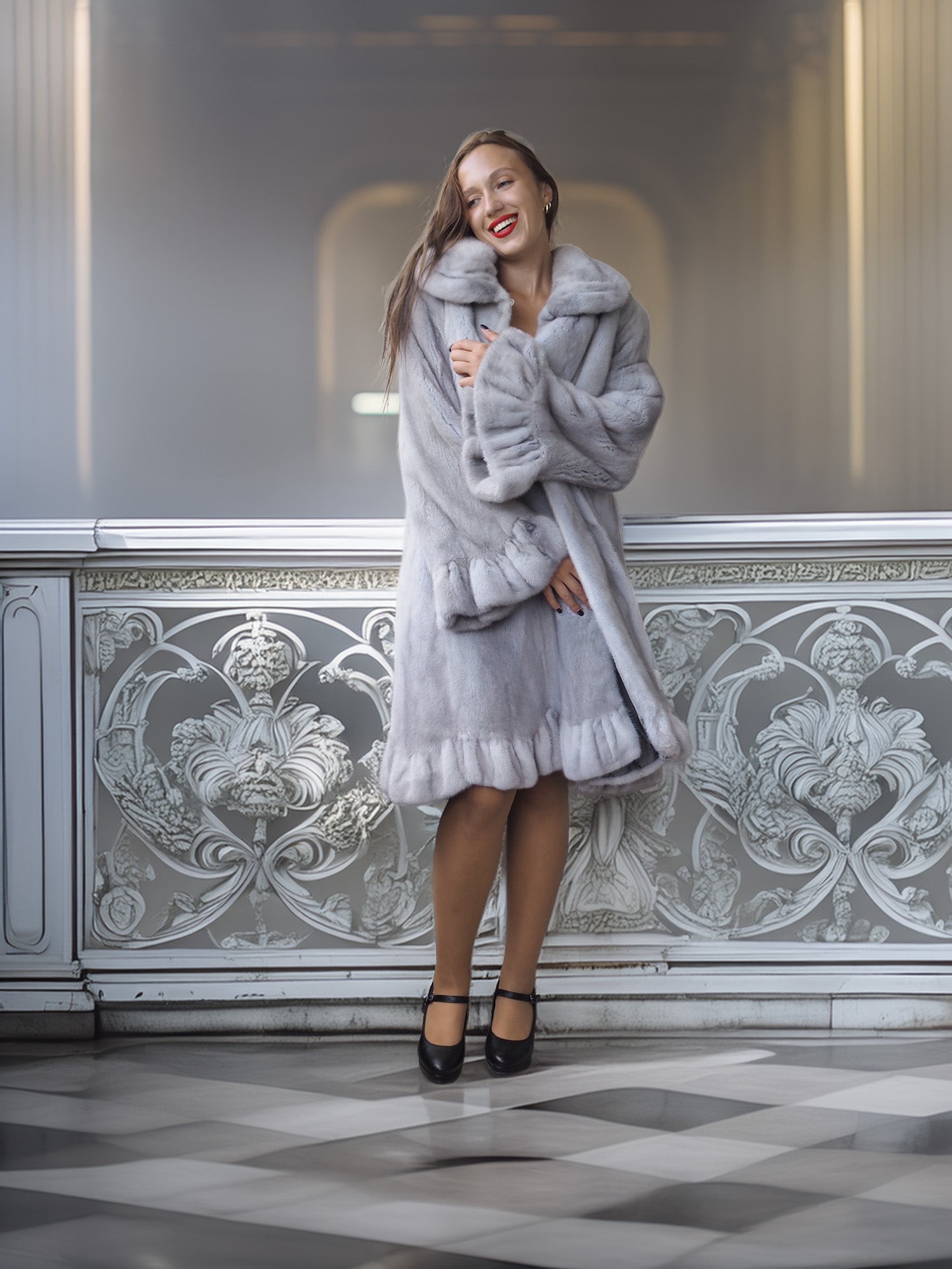 Woman in a gray fur coat standing in an elegant interior setting