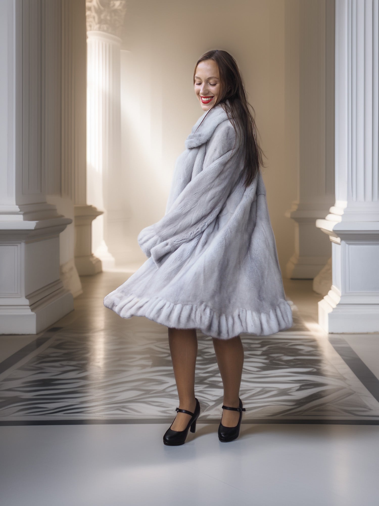 Woman wearing a light gray fur coat in an elegant interior setting