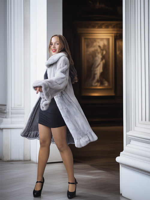 Woman in a fur coat standing in an elegant interior setting