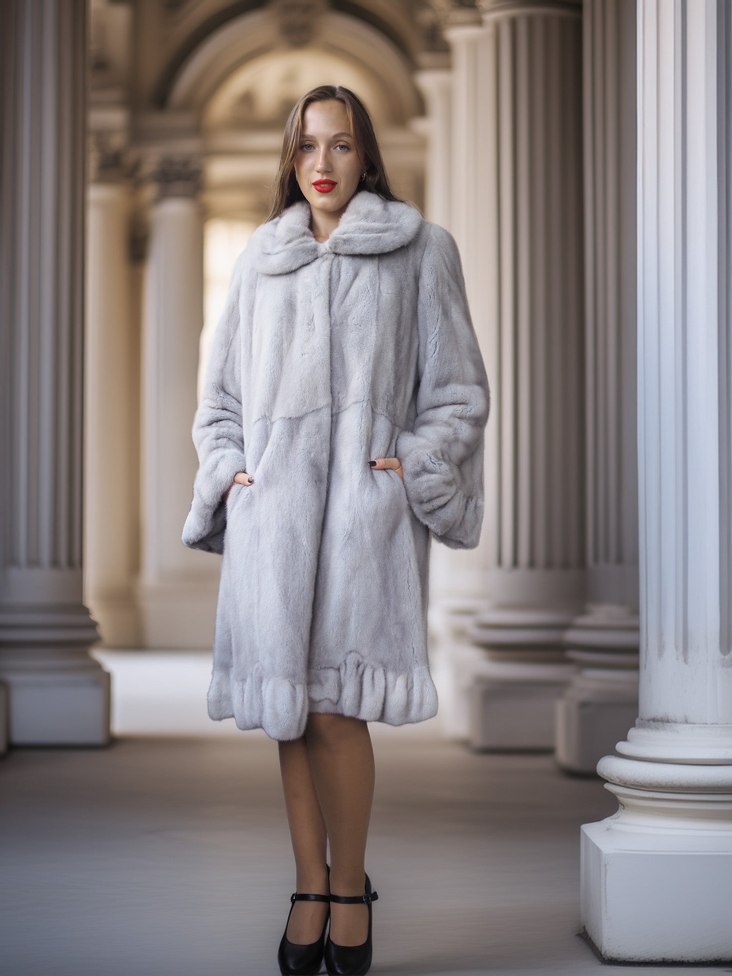Woman wearing a light gray fur coat in an elegant interior setting