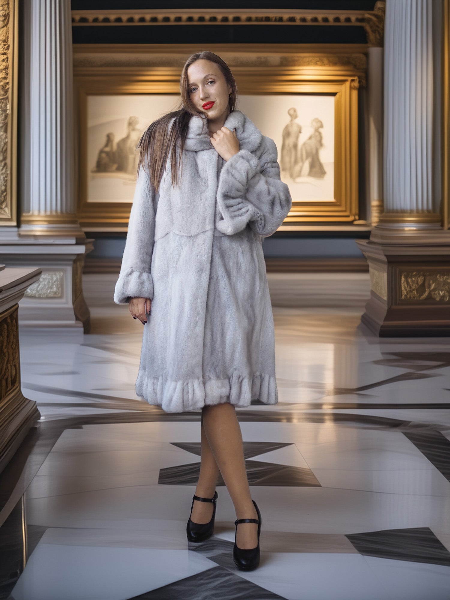 Woman wearing a fur coat in an elegant interior setting