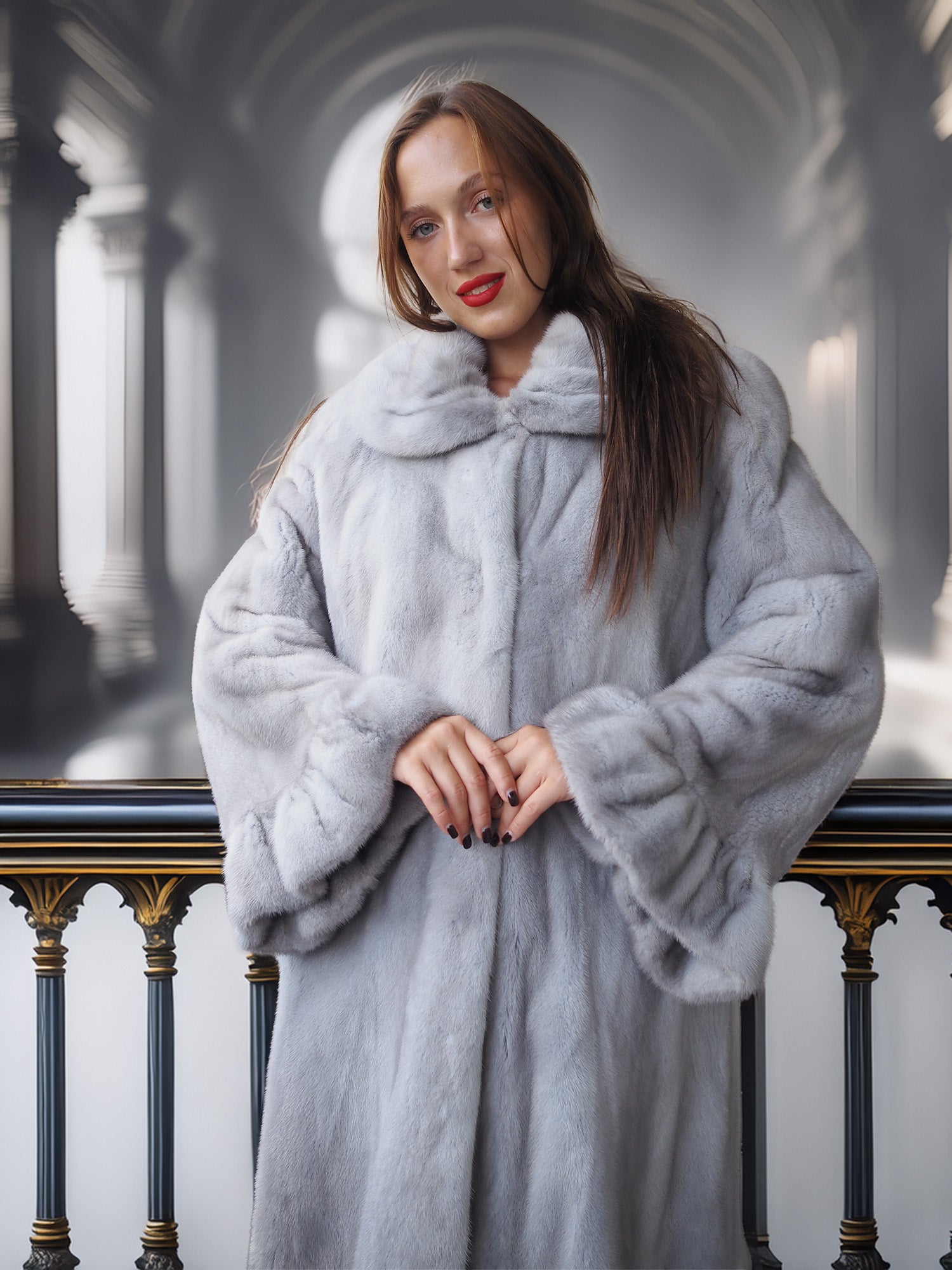 Woman wearing a light gray fur coat in an elegant interior setting