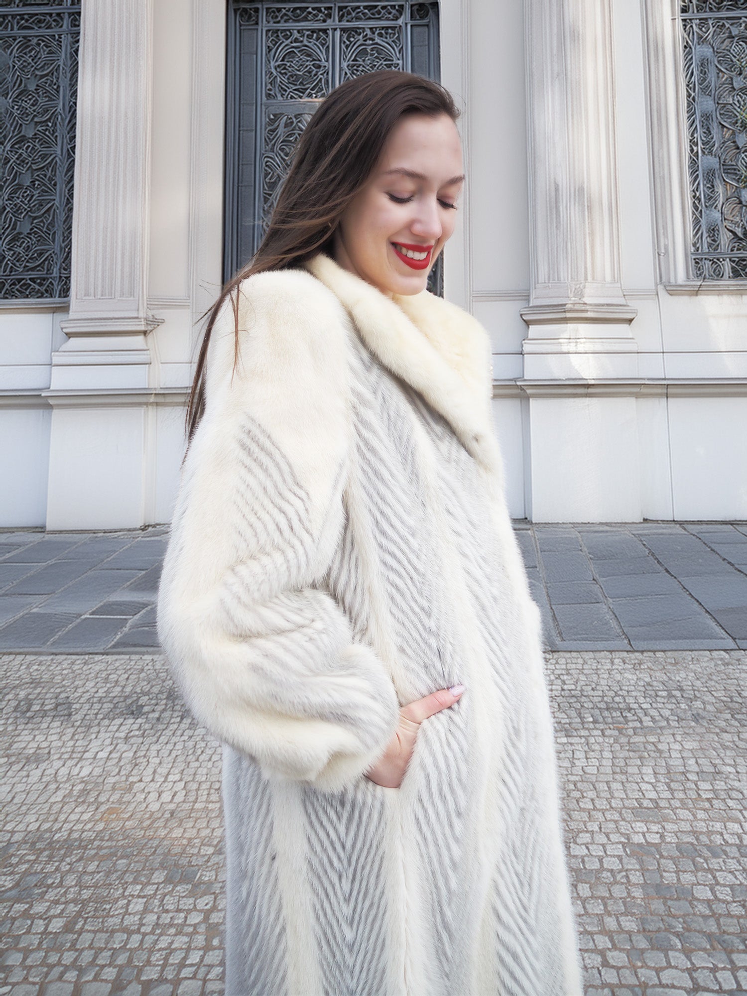 The Chevron Heiress - Pearl & Sapphire Herringbone Mink Coat in Full-Length Drama S