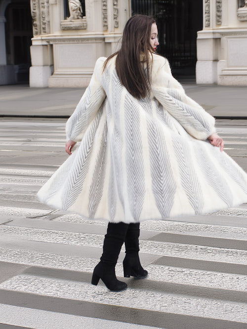 The Chevron Heiress - Pearl & Sapphire Herringbone Mink Coat in Full-Length Drama S