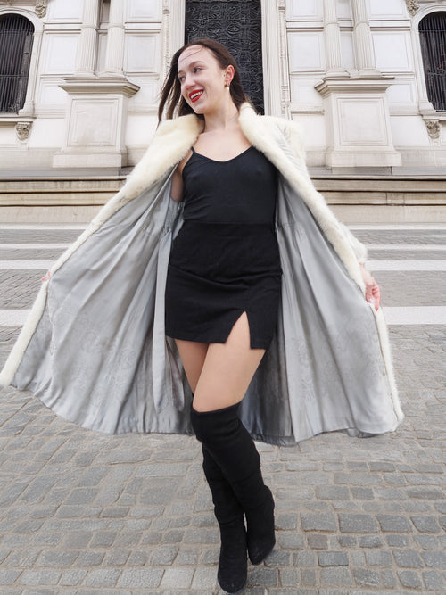 The Chevron Heiress - Pearl & Sapphire Herringbone Mink Coat in Full-Length Drama S