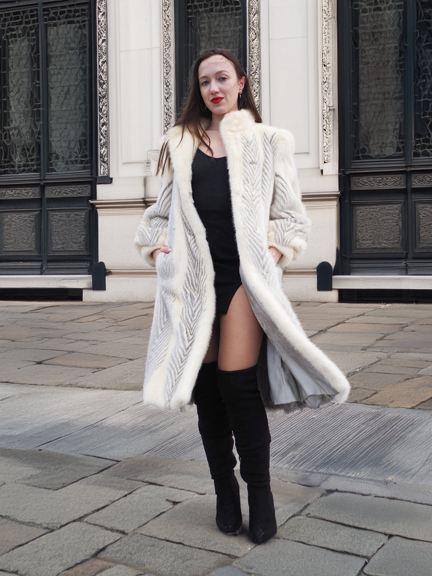 The Chevron Heiress - Pearl & Sapphire Herringbone Mink Coat in Full-Length Drama S