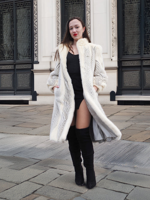 The Chevron Heiress - Pearl & Sapphire Herringbone Mink Coat in Full-Length Drama S