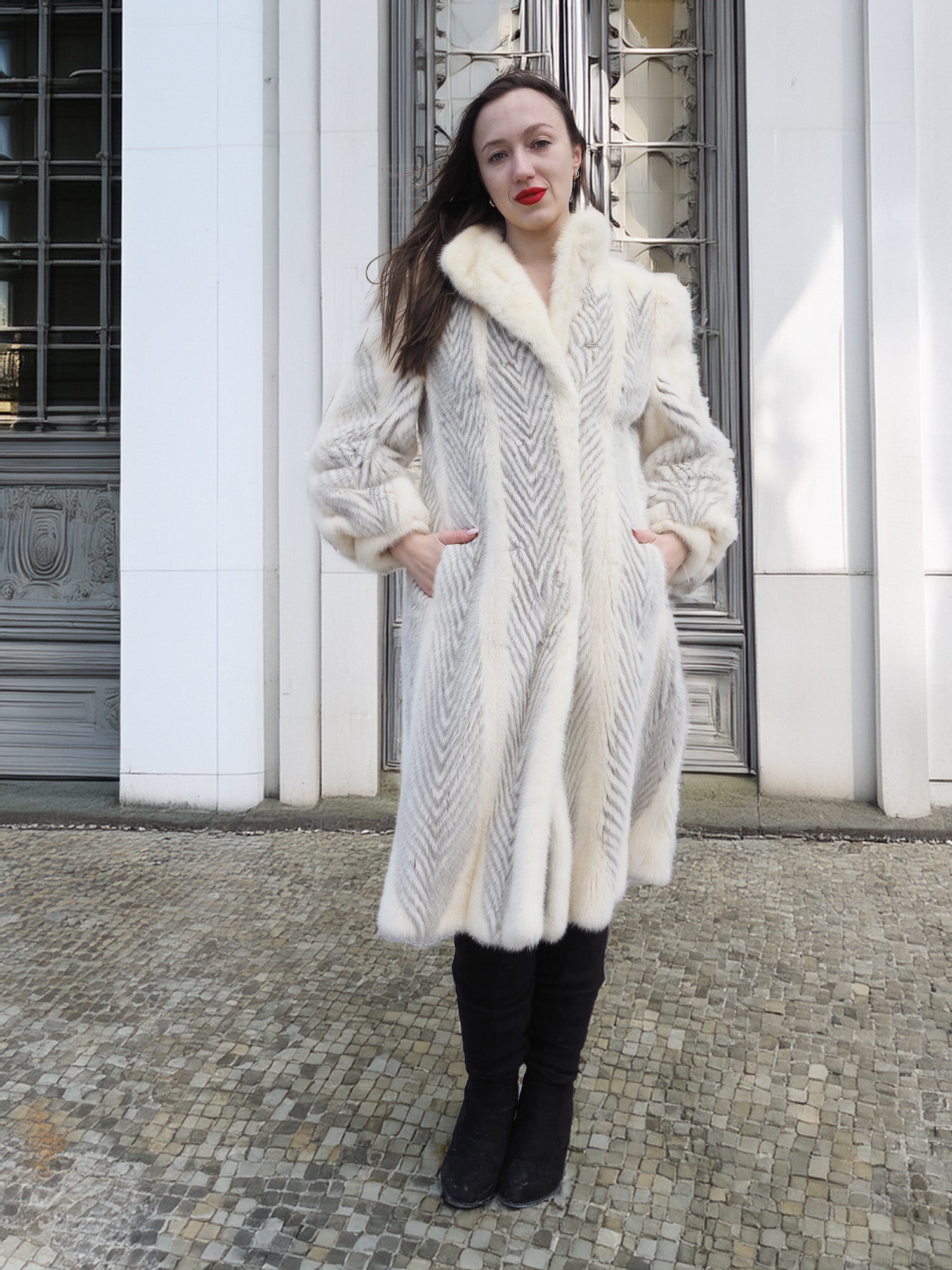 The Chevron Heiress - Pearl & Sapphire Herringbone Mink Coat in Full-Length Drama S