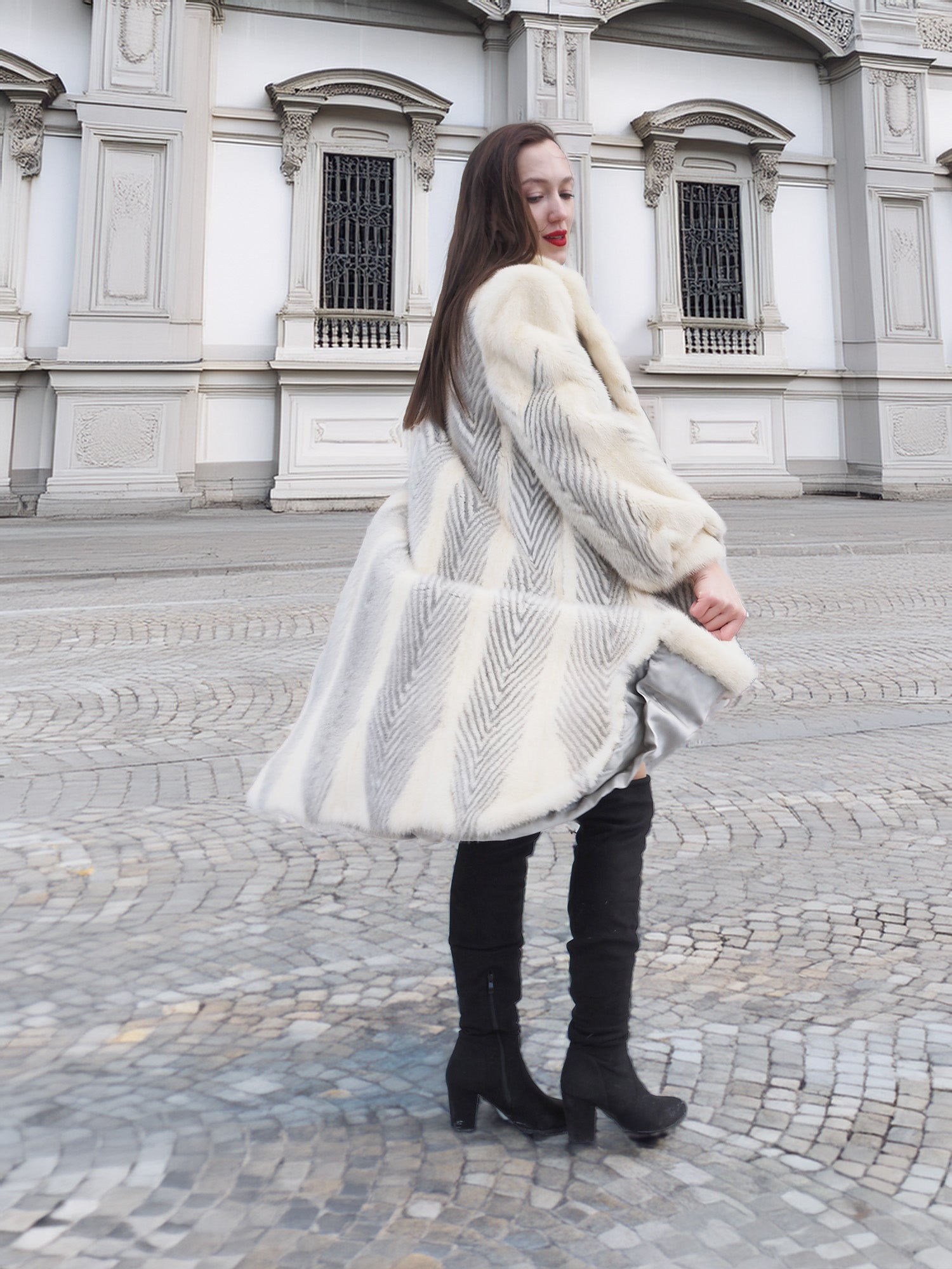 The Chevron Heiress - Pearl & Sapphire Herringbone Mink Coat in Full-Length Drama S