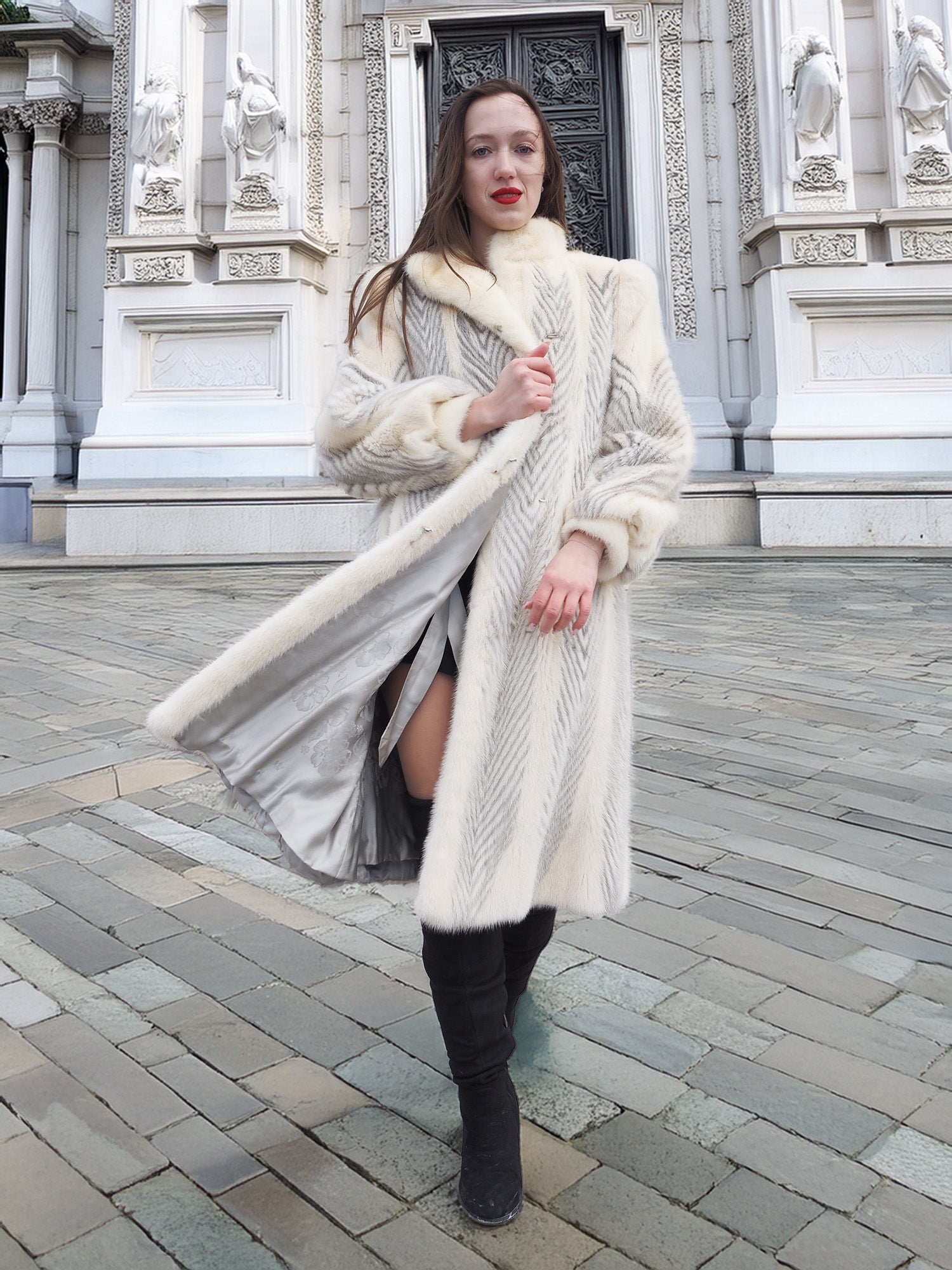 The Chevron Heiress - Pearl & Sapphire Herringbone Mink Coat in Full-Length Drama S