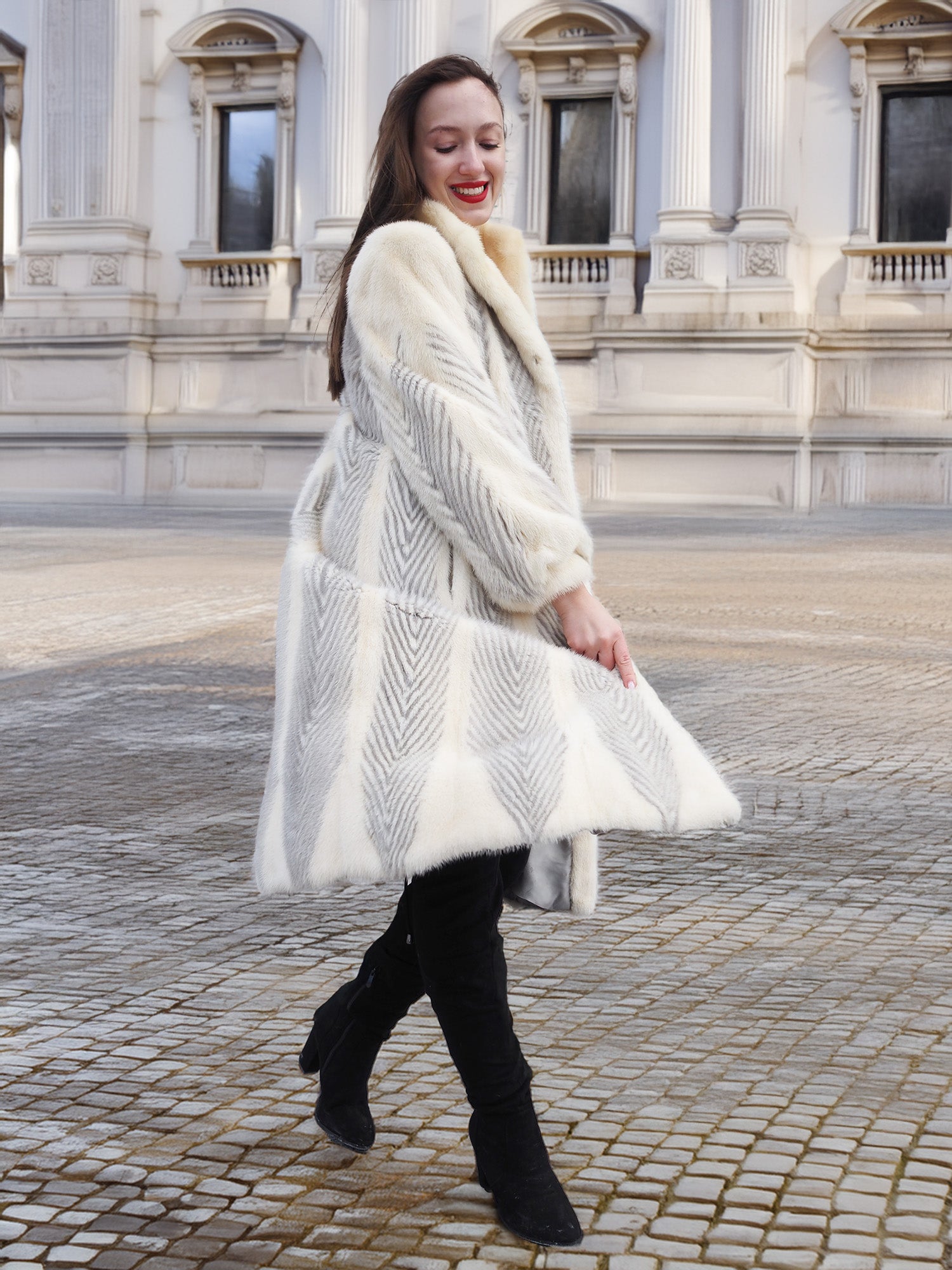 The Chevron Heiress - Pearl & Sapphire Herringbone Mink Coat in Full-Length Drama S