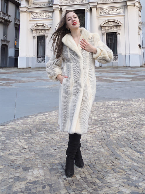 The Chevron Heiress - Pearl & Sapphire Herringbone Mink Coat in Full-Length Drama S