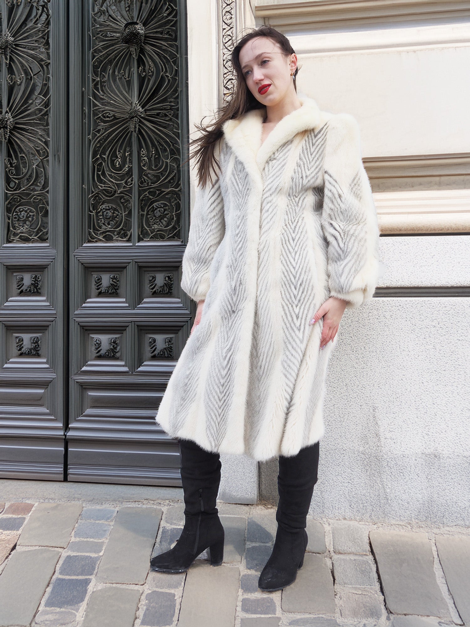 The Chevron Heiress - Pearl & Sapphire Herringbone Mink Coat in Full-Length Drama S