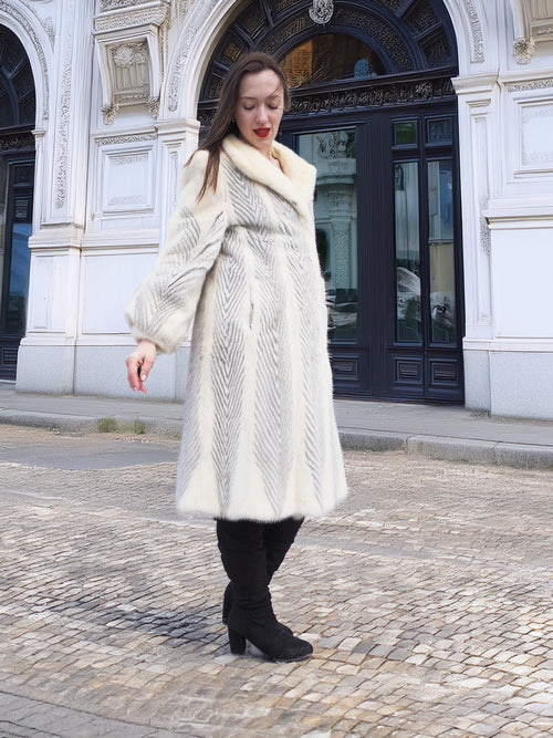 The Chevron Heiress - Pearl & Sapphire Herringbone Mink Coat in Full-Length Drama S