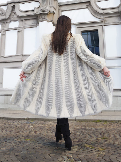 The Chevron Heiress - Pearl & Sapphire Herringbone Mink Coat in Full-Length Drama S