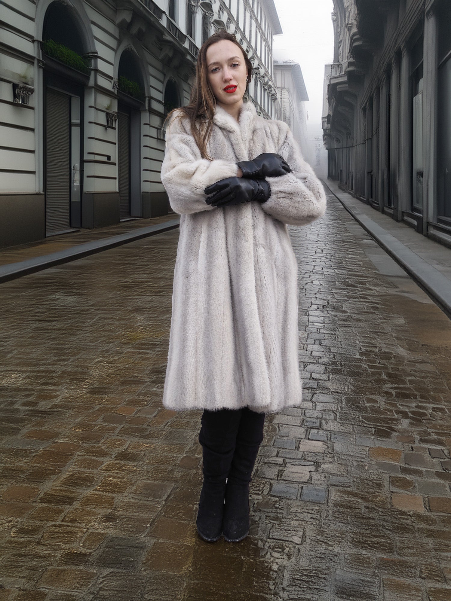Sapphire Grey Mink Fur Coat S Petit Excellent worn on a misty cobblestone street, ideal for cold-weather luxury outerwear styling.