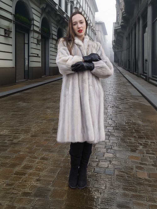 Sapphire Grey Mink Fur Coat S Petit Excellent worn on a misty cobblestone street, ideal for cold-weather luxury outerwear styling.