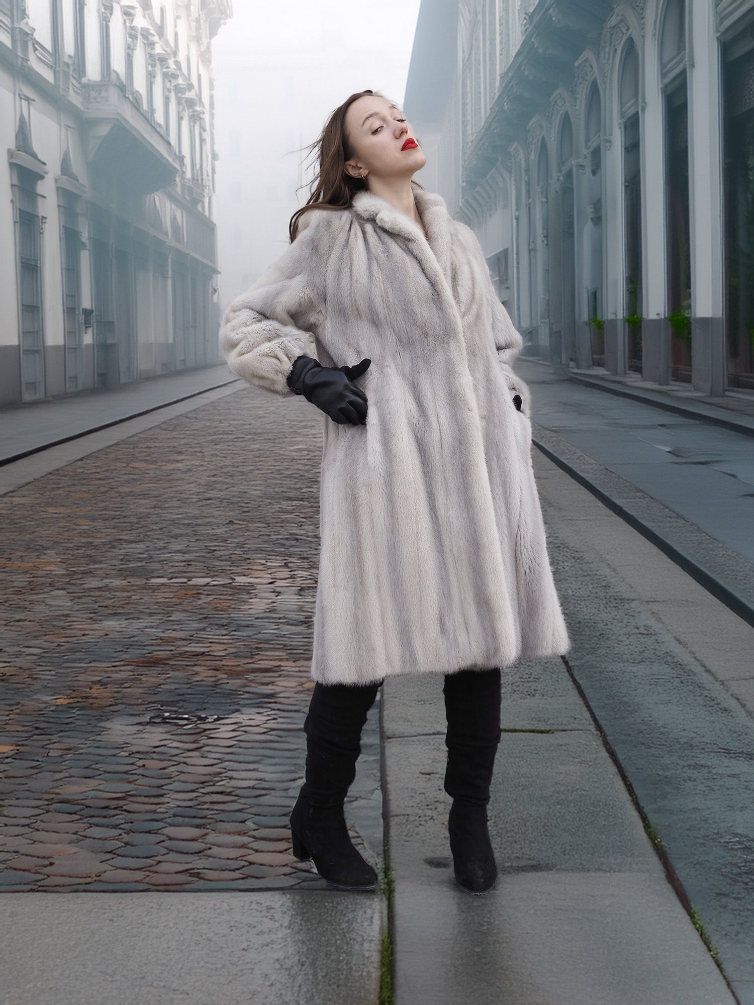 Sapphire Grey Mink Fur Coat S Petit Excellent styled on a misty street, perfect for elegant and warm winter outerwear.