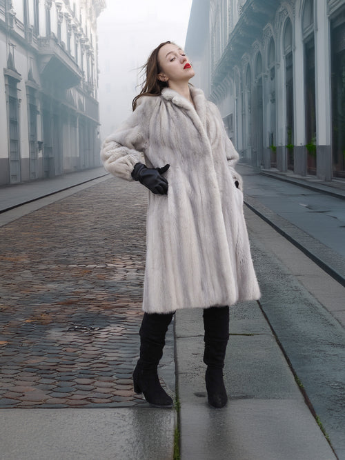 Sapphire Grey Mink Fur Coat S Petit Excellent styled on a misty street, perfect for elegant and warm winter outerwear.
